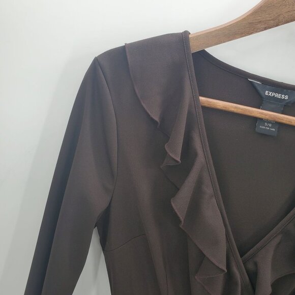 Express Womens Long Bell Sleeve Surplice Ruffle Dress Sz 5/6 Brown Midi V-Neck - Picture 8 of 14